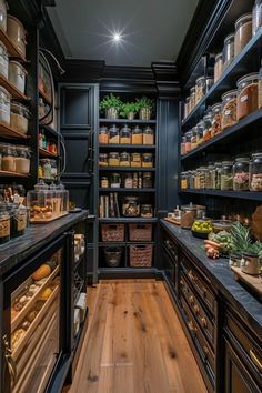 the pantry is stocked with many different types of food and spices, including breads