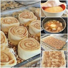 several different pictures of cinnamon rolls in baking pans, including one being rolled up and the other being baked