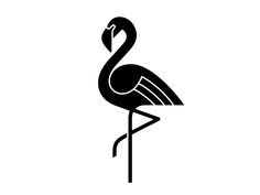 a black and white silhouette of a flamingo standing on one leg with its head turned to the side