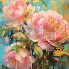 an oil painting of pink roses in a vase