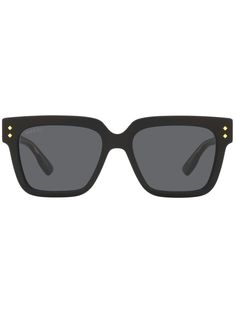 square-frame sunglasses from GUCCI EYEWEAR featuring black, acetate, square frame, tinted lenses, lens decal, logo-engraved arm and curved tips. These glasses come with a protective case.. | Gucci Eyewear Square-Frame Sunglasses Designer Rectangular Sunglasses With Mirrored Lenses, Designer Square Frame Cat Eye Sunglasses With Mirrored Lenses, Designer Cat Eye Sunglasses With Mirrored Square Frame, Designer Rectangular Acetate Sunglasses, Luxury Rectangular Sunglasses With Uv Protection, Designer Sunglasses With Gradient Square Frame, Designer Sunglasses With Square Frame And Gradient Lenses, Designer Rectangular Sunglasses With Polarized Lenses, Designer Rectangular Sunglasses With Uv Protection