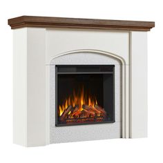 a white fireplace with flames on the side and wood trimmings around it's sides