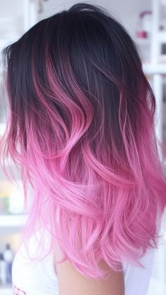 Hair Dye Gradient, Pink And Black Hair Color Ideas, Black To Pink Ombre Hair, Colourful Hair Ideas For Blondes, Pink And Grey Hair, Pink Tips Hair, Black Hair Pink Highlights, Ombre Pink Hair, Pink Hair Tips