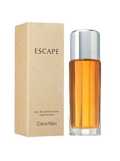 an empty bottle of cologne next to a cardboard box on a white background with the word escape written below it