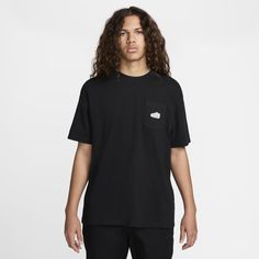 Show some love to classic sneakers with this basic tee accented with a raised AF1 patch. Dropped shoulders, longer sleeves and a roomy fit through the body and hips give it a relaxed and casual look. Midweight cotton fabric feels soft and has a slight drape. Casual Cotton T-shirt For Sports, Nike Cotton T-shirt For Streetwear, Nike Black Athleisure T-shirt, Black Cotton Sportswear T-shirt, Black Urban T-shirt With Moisture-wicking, Urban Black T-shirt With Moisture-wicking, Urban Crew Neck T-shirt With Moisture-wicking, Black Urban Moisture-wicking T-shirt, Urban Black Moisture-wicking T-shirt