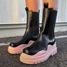 No Restocks Vegan Leather Pu Upper Pink Rubber Sole Bottom Lightly Padded Sole For Comfort Pink Lug Sole Boots, Pink And Black Chelsea Boots, Brown Combat Boots, Black Moto Boots, Leather Motorcycle Boots, Chunky Ankle Boots, Western Ankle Boots, Side Zip Boots, Steel Toe Work Boots