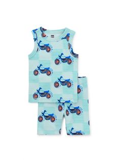 We put so much thought and care into crafting the perfect pajamas for kids. This tank pajama set hits all the right notes because it feels dreamily cozy to wear--made of 100% cotton rib that's been brushed on the inside so it's extra soft. Our in-house designers created a fun, nature-inspired print that will send them sailing off to happy dreamland. Top is above thigh length. Bottom is above knee length. Cotton Sleeveless Bedtime Sets, Sleeveless Cotton Bedtime Sets, Blue Sleeveless Sleepover Set, Blue Sleeveless Set For Sleepovers, Playful Sleeveless Cotton Sleepwear, Pajamas For Kids, Boy Pajamas, Maasai Mara, Boys Sleepwear