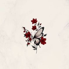 a white marble wall with red flowers and a butterfly on it