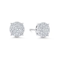 These diamond cluster stud earrings are the perfect jewels to take you from the office to drinks. They feature .75 carats of round diamonds set in 18k gold. Diamond White Halo Design Cluster Earrings, White Gold Diamond Cluster Earrings, Diamond White Cluster Diamond Earrings With Halo Setting, Cluster Diamond Earrings With Halo Design, White Gold Cluster Earrings With Prong Setting, Diamond Cluster Earrings With Halo Design, Dazzling Cluster Diamond Earrings, Classic Cubic Zirconia Cluster Earrings, Fine Jewelry Cluster Earrings With Pave Setting