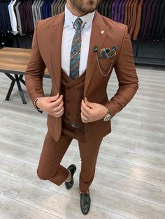 Verona Tile Slim Fit Wool Suit-baagr.myshopify.com-1-BOJONI Brown Suits For Men, Terno Slim, Suit Man, Orange Suit, Brown Suit, Slim Fit Suit Men, Pants Gift, Wedding Suits Groom, Dress Suits For Men