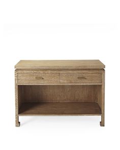 a wooden table with two drawers on one side and an open drawer on the other