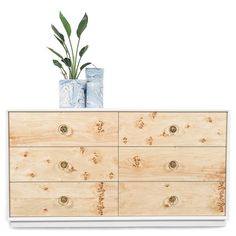 a wooden dresser with two vases on top and one plant growing out of it