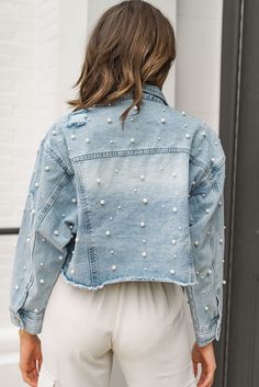 Sky Blue Pearls Beading Cropped Denim Jacket Blue Pearls, Pearl Beading, Plus Size Pajamas, Graphic Tee Dress, Stylish Coat, School Party, Blue Denim Jacket, Cropped Denim Jacket, Blue Pearl