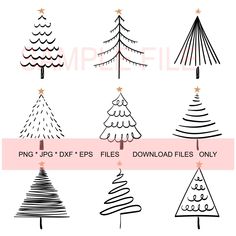 christmas trees drawn in black and white on a white background