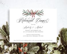 an elegant holiday dinner party with greenery and red berries is featured on the menu