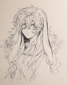 a drawing of a girl with long hair and flowers in her hair, looking to the side