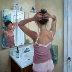 a painting of a woman brushing her hair in front of a bathroom mirror and sink