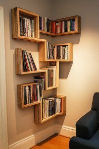 the bookshelf is made out of wooden crates