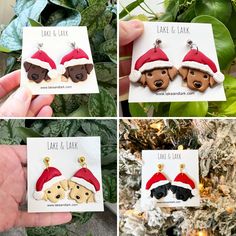 three pictures of christmas ornaments with dogs wearing santa hats and sunglasses on them, hanging from the tree