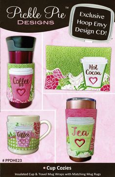 coffee cups and mug holders are shown in this ad for the cup cozies