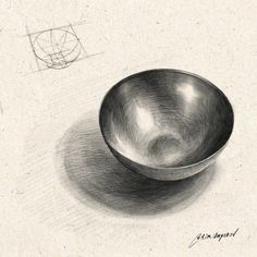 a drawing of a metal bowl sitting on top of a table