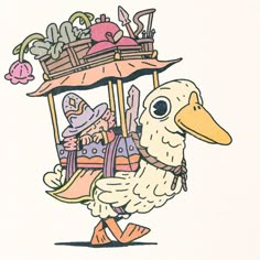 a drawing of a duck carrying a cart full of items