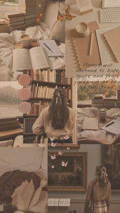 a collage of photos with books, pictures, and an image of a woman