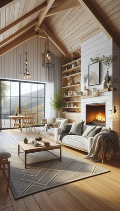 a living room filled with furniture and a fire place in the middle of a room