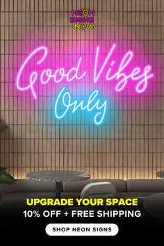 Good vibes only neon sign.  Upgrade your space.  10% off + free shipping.  Shop neon signs at Neon Signs Now. Neon Sign Quotes, Jt Studio, Coachella Party Theme, Rainbow Office, Spa Massage Room, Coachella Party, Cool Neon Signs, Smoothie Shop, Neon Signs Quotes