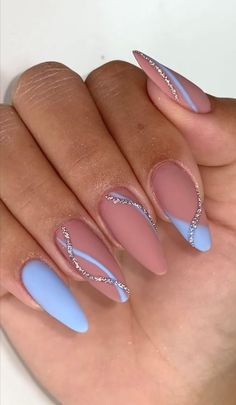 Oval Nails Designs Rhinestones, Gel X Nail Designs Almond Simple, Easy Gel Nail Designs Almond, Royal Blue Prom Dress Nail Ideas, Simple Blue Almond Nails, Six The Musical Nails, Prom Nails 2024, Nail Almond Ideas, Purple Nail Designs Simple