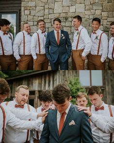 a group of men standing next to each other in front of a stone wall and wearing ties