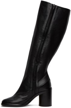 Knee-high nappa leather boots in black. · Square cleft toe · Zip closure at inner side · Signature white stitching at heel collar · Buffed calfskin lining · Stacked leather cylindrical block heel · Rubber injection at heel · Calfskin sole · Heel: H3 in Supplier color: Black Boots Knee, Black Square, Nappa Leather, Luxury Streetwear, High Boots, Knee High Boots, Leather Boots, Knee High, Block Heels