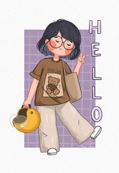 a girl with glasses holding a yellow purse and wearing a brown shirt that says hello doll