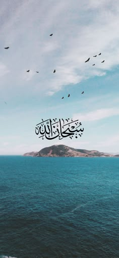 birds flying in the sky over an ocean with arabic writing on it's side