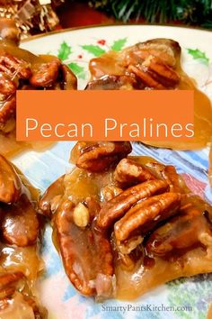 pecan pralies on a plate with caramel sauce