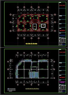 two blueprints showing the interior and exterior sections of a building, with various details in