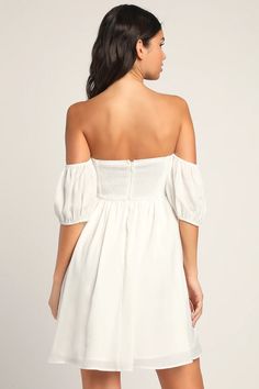 White Mini Dress - Off-the-Shoulder Dress- OTS Babydoll Dress - Lulus Off The Shoulder White Dress, Babydoll Mini Dress, Dream Date, Dress With Short Sleeves, Rehearsal Dress, Romantic Date, White Off Shoulder, Romantic Dates, My Dream