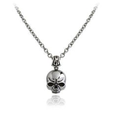 Carry a symbol of life's impermanence with the Ember Skull Necklace. This striking piece features a finely sculpted stainless steel skull that hangs with a quiet assertion of presence. Suspended on a durable chain, it’s an emblem of resilience and serves as a reminder to make every moment count. Silver Skull Chain Necklace, Silver Skull Shaped Chain Necklace, Gothic Skull Necklace In Stainless Steel, Silver Skull Necklace With Adjustable Chain, Skull Shaped Stainless Steel Necklace Gift, Silver Stainless Steel Jewelry With Skull Print, Skull-shaped Engraved Stainless Steel Necklace, Skull Shaped Engraved Stainless Steel Necklace, Engraved Skull Necklace In Stainless Steel