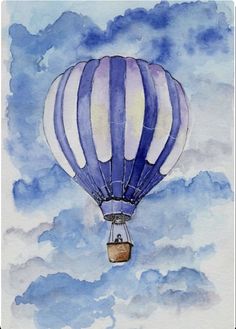 a watercolor painting of a hot air balloon in the sky with clouds behind it