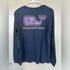 Nwt Vineyard Vines Long Sleeved Shirt. No Defects. Navy Crew Neck Shirt For Spring, Spring Navy Crew Neck Shirt, Navy Long Sleeve Summer T-shirt, Womens Vintage Tees, Vineyard Vines Whale Sticker, Vineyard Vines T Shirt, Vineyard Vines Long Sleeve, Boat Neck Tops, White Halter Maxi Dress