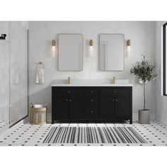 a white and black bathroom with two mirrors on the wall next to a double sink