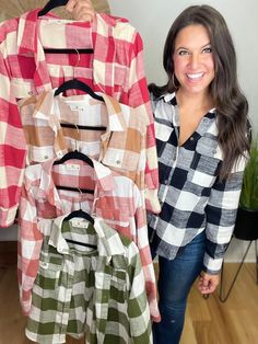 This beautiful plaid, flannel button down shirt is perfect to wear by itself or over a tank or tee! This flannel comes in five wonderful colors for fall! Sneaker Heels Wedges, Poncho Cardigan, Kimono Duster, Flannel Tops, Crop Top Sweater, Sneaker Heels, Plaid Flannel, Campfire, Skirt Pants