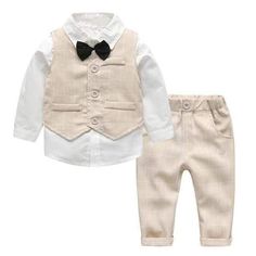 All in one smart outfit for your little boys are here. It is very simple in the color but very classy in style and design. Perfect for weddings, baptismal, birthdays, and any special occasion. It features a white long sleeve with a bow tie, vest, and long pants. Its color is so refreshing and cool that is suit for babies. It is lightweight and made of cotton. Let your baby boy be a head-turner and the center of the attraction. Closure Type: Single Breasted Material: Cotton Sleeve Length(cm): Ful Gentleman Suit, Suit Type, Striped Vest, Formal Vest, Male Style, Baby Boy Clothing Sets, Boys Fits, Striped Vests