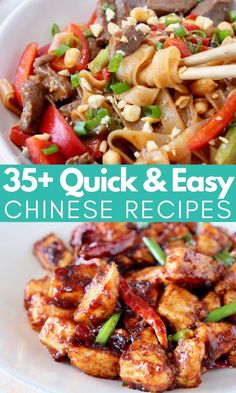 chinese food with chopsticks in it and the words, 35 quick & easy chinese recipes