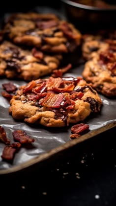 chocolate chip cookies with bacon on a baking sheet