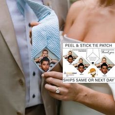 a man and woman are holding up some fake photos with their faces on them as if they were married