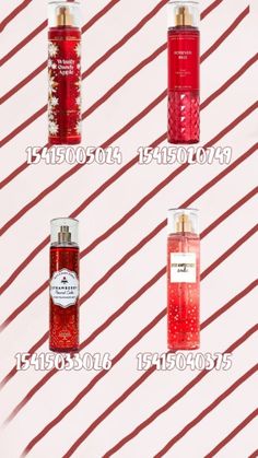 four different types of perfume bottles with red and white stripes in the background, all labeled