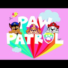 the paw patrol logo is shown in front of a pink background with two dogs and a cat