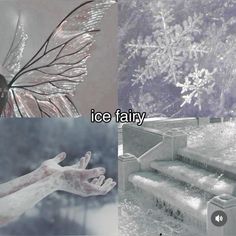 there are two pictures with words on them that say ice fairy and snowflakes