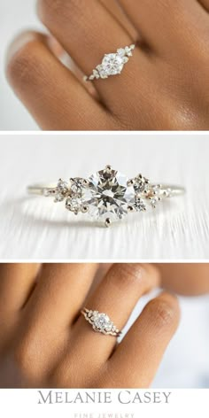 three different views of a woman's engagement ring